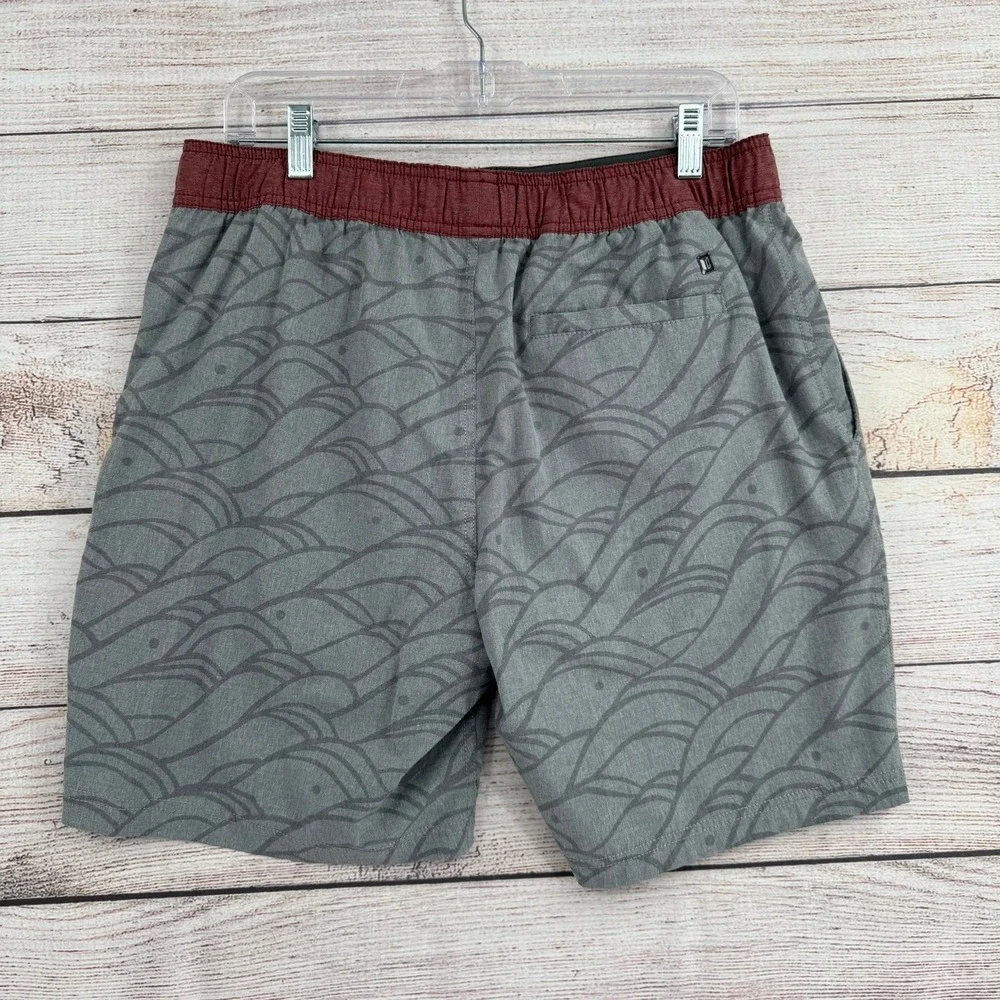 Linksoul Board Shorts Mens Size M Grey Wave Print Drawstring Swim Trunks Lined